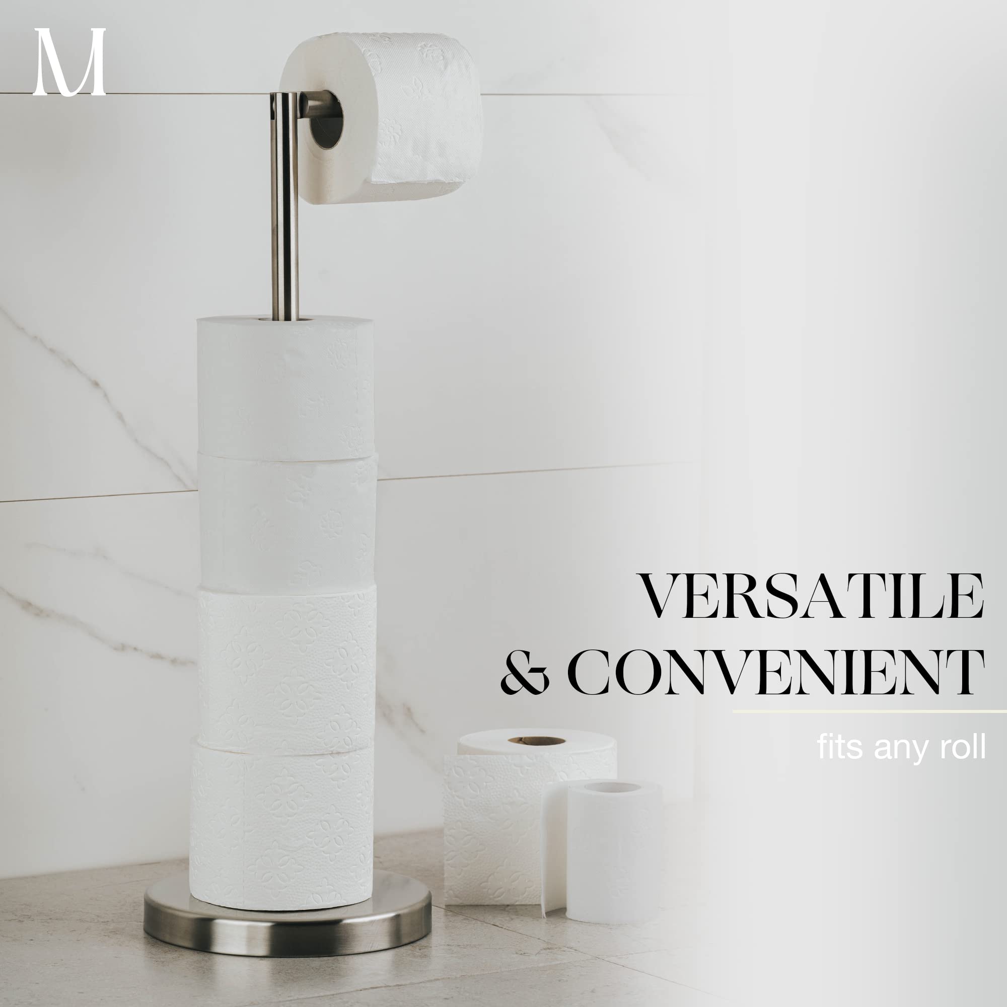 Marmolux Acc - Free Standing Toilet Paper Holder Stand in Brushed Steel Finish | Storage for 4 Rolls of Toilet Tissue | SUS 304 Stainless Steel Bathroom TP Stand