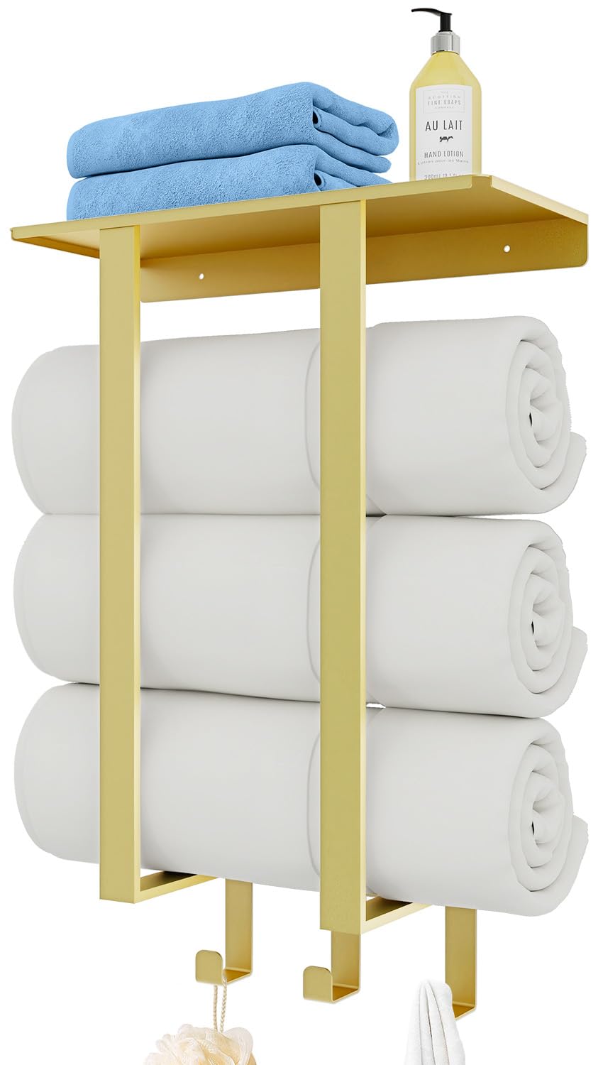 Gold Towel Racks For Bathroom, Bethom Towel Storage Racks With Shelf Wall Mounted, Hand Towel Holder With 3 Hooks For Hand Towel