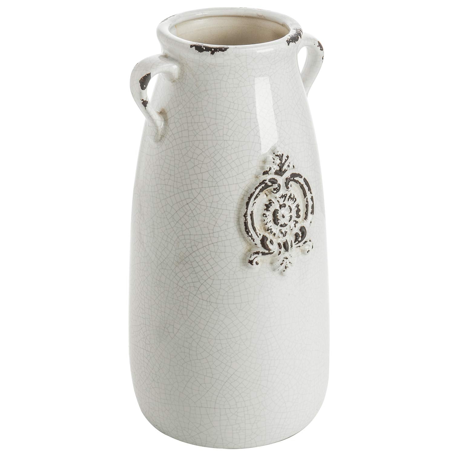 MyGift Farmhouse White Ceramic Vase with Handle and Embossed Seal Design, Antique Jug Shaped Tabletop Flower Vase