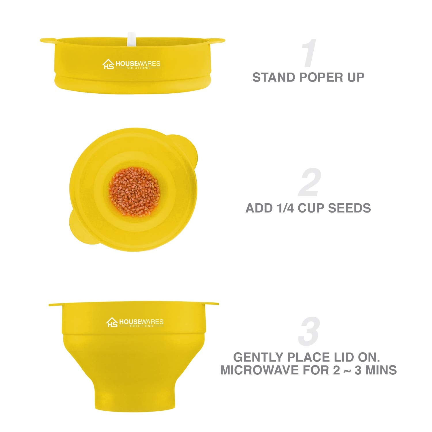Collapsible Silicone Microwave Hot Air Popcorn Popper Bowl With Lid And Handles (Yellow)
