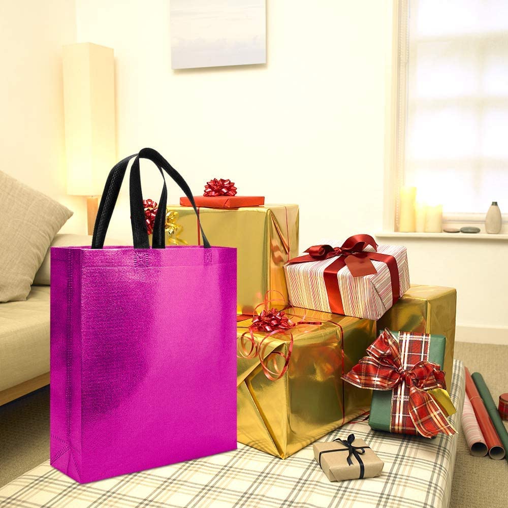 DRAPME Medium Size Pack of 50 Pcs Glossy Metallic Laminated Non-Woven Reusable Eco-Friendly Party Return Gift Bags (Hot Pink) (M