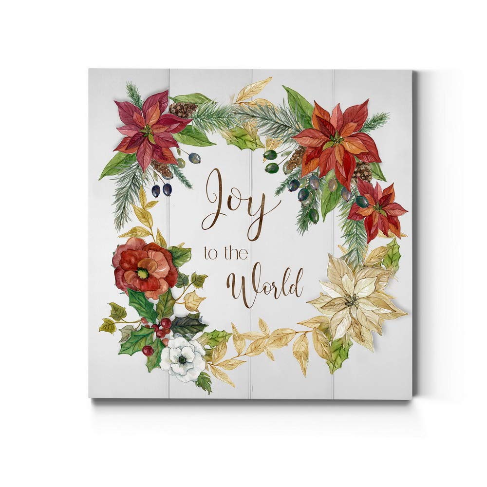 Renditions Gallery Joy To The World Wreath Wall Art, Christmas & Winter Artwork, Festive Poinsettia, Red, Green, Premium Gallery