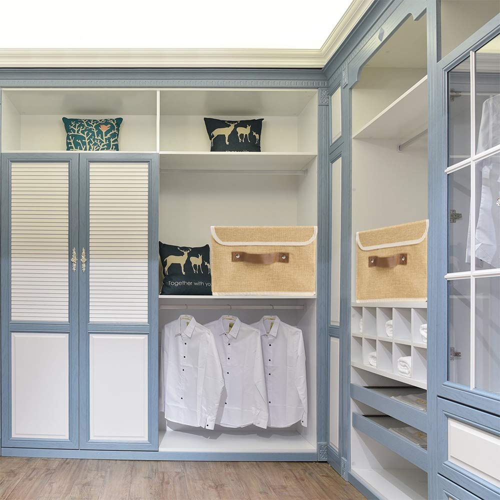 Lucky Monet 2 Pack Linen Fabric Foldable Storage Bin Set Collapsible Storage Box Cube Closet Organizer with Lid & Faux Leather Handle  10 x8 x7  (Khaki)