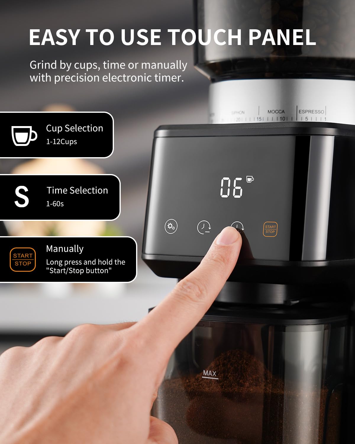SHARDOR Conical Burr Espresso Coffee Grinder, Electric, Precision Timer 2.0, Stainless Steel, Medium Size, Model CG018, Silver