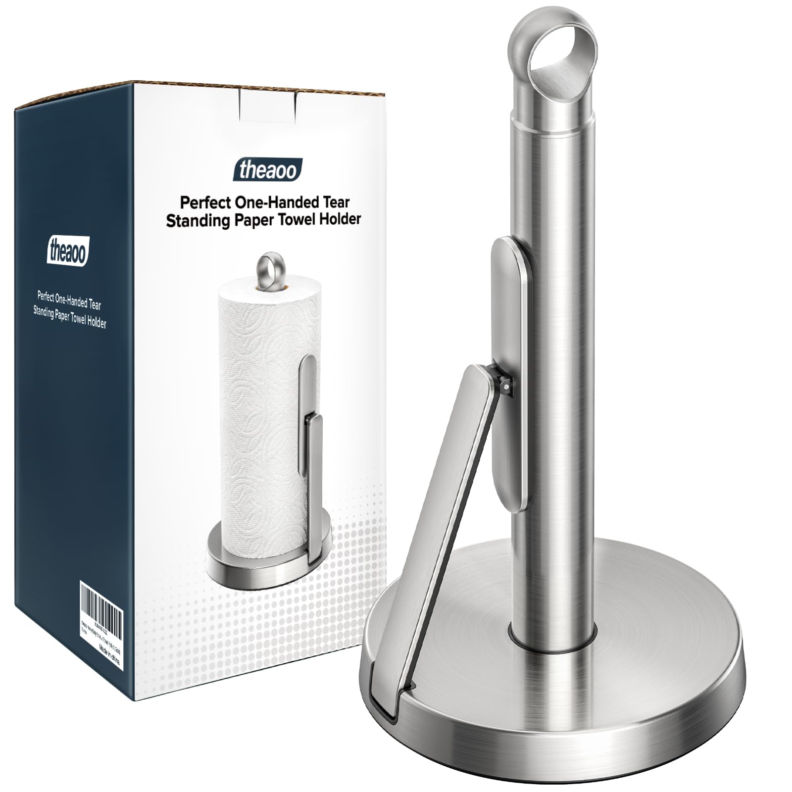 theaoo Heavy-Duty Stainless Steel Paper Towel Holder with Tension Arm - Easy One-Handed Tear, Modern Standing Countertop Dispens