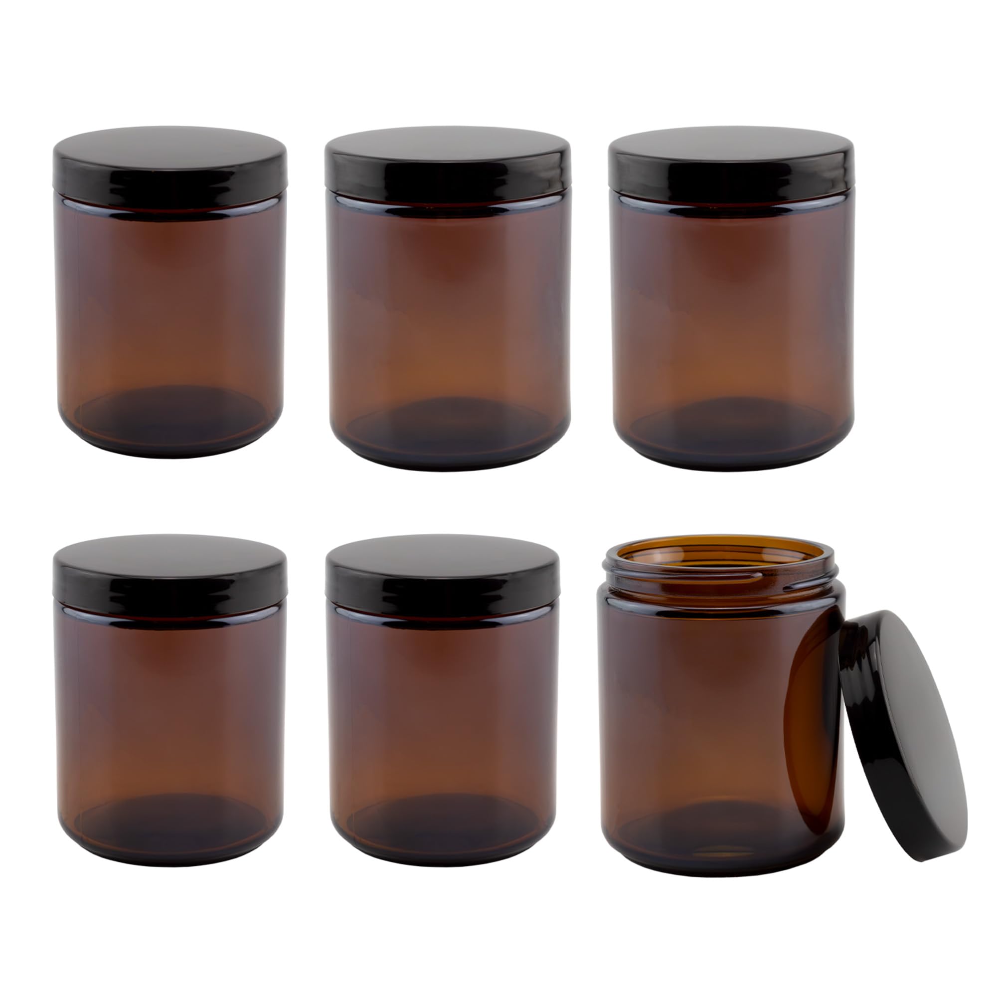 Cornucopia 8oz / 9oz Amber Glass Jars (6-Pack); Straight Sided Cosmetic Jars  Great for Body Butter  Creams  Stash Jars  Etc.