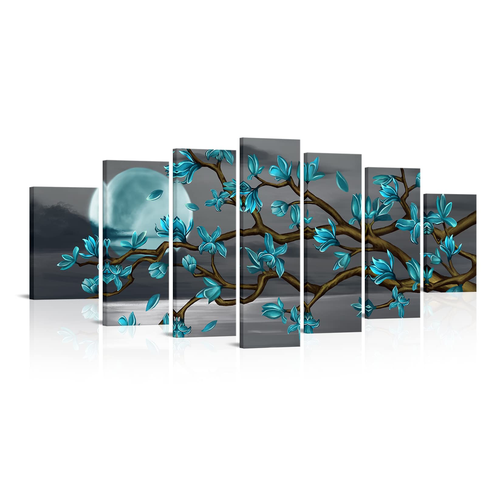 Visual Art Decor Xlarge 7 Piece Teal Full Moon Lanscape Wall Art Teal Tree Painting Canvas Art Prints Framed Ready To Hang, 70X3