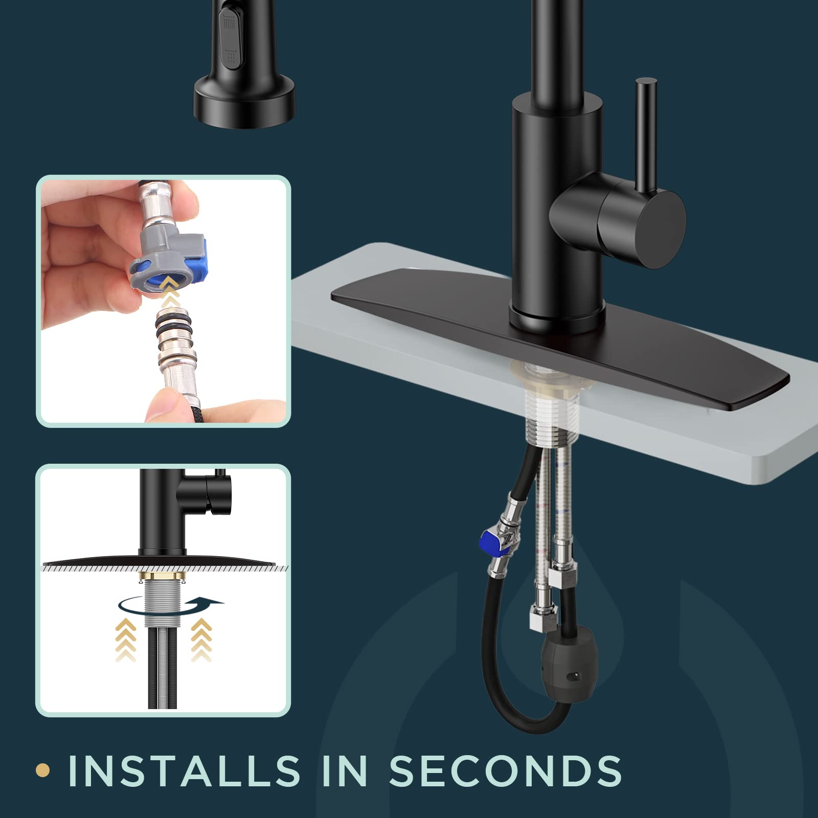 FORIOUS Black Kitchen Faucet with Pull Down Sprayer  Commercial Spring Kitchen Sink Faucet with Pull Out Sprayer  Single Handle Kitchen faucets with Deck Plate  Matte Black