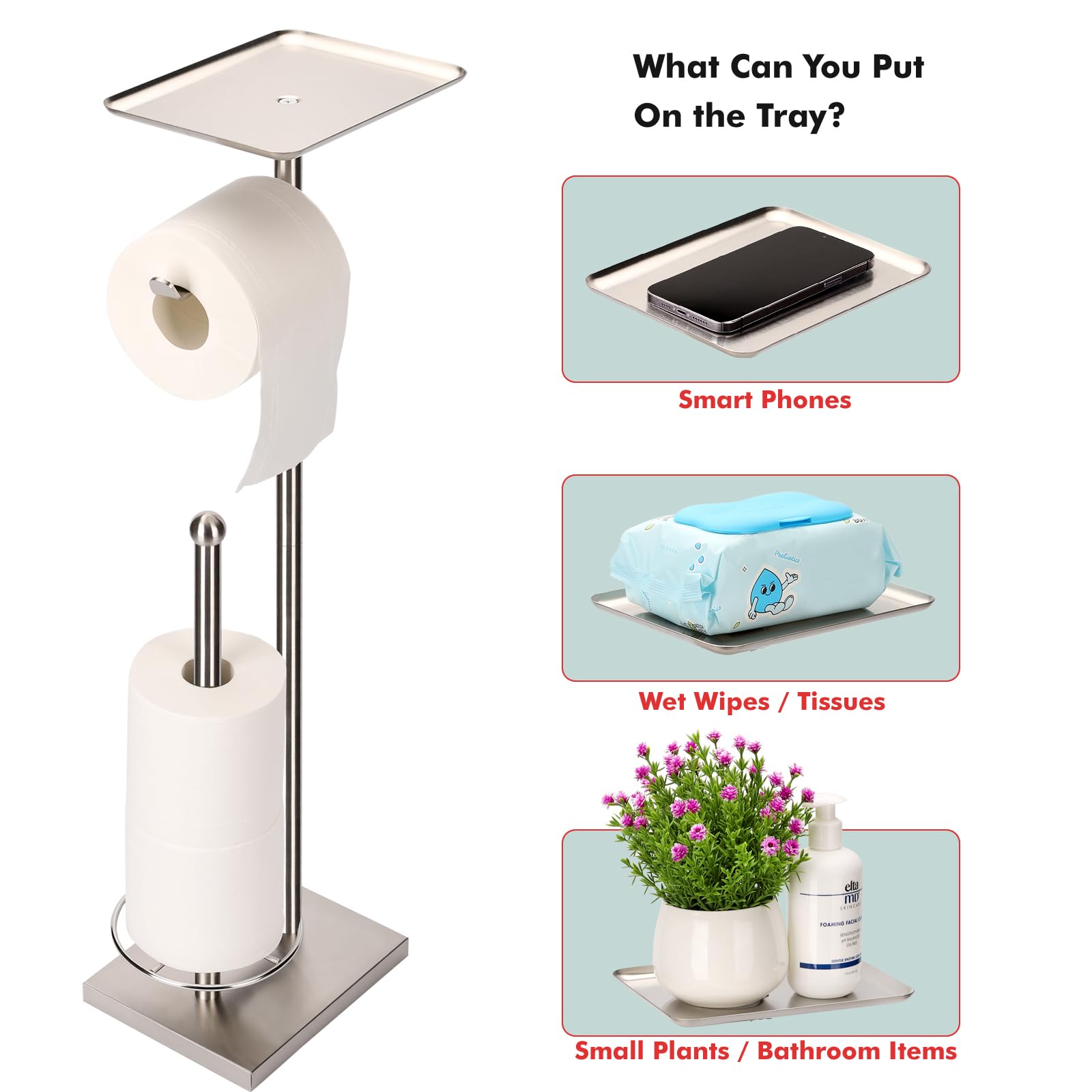 Sfemn Toilet Paper Holder With Tray At The Top, Heavy-Weighted Stainless Steel Base No Wobbly, Freestanding Toilet Paper Rolls S