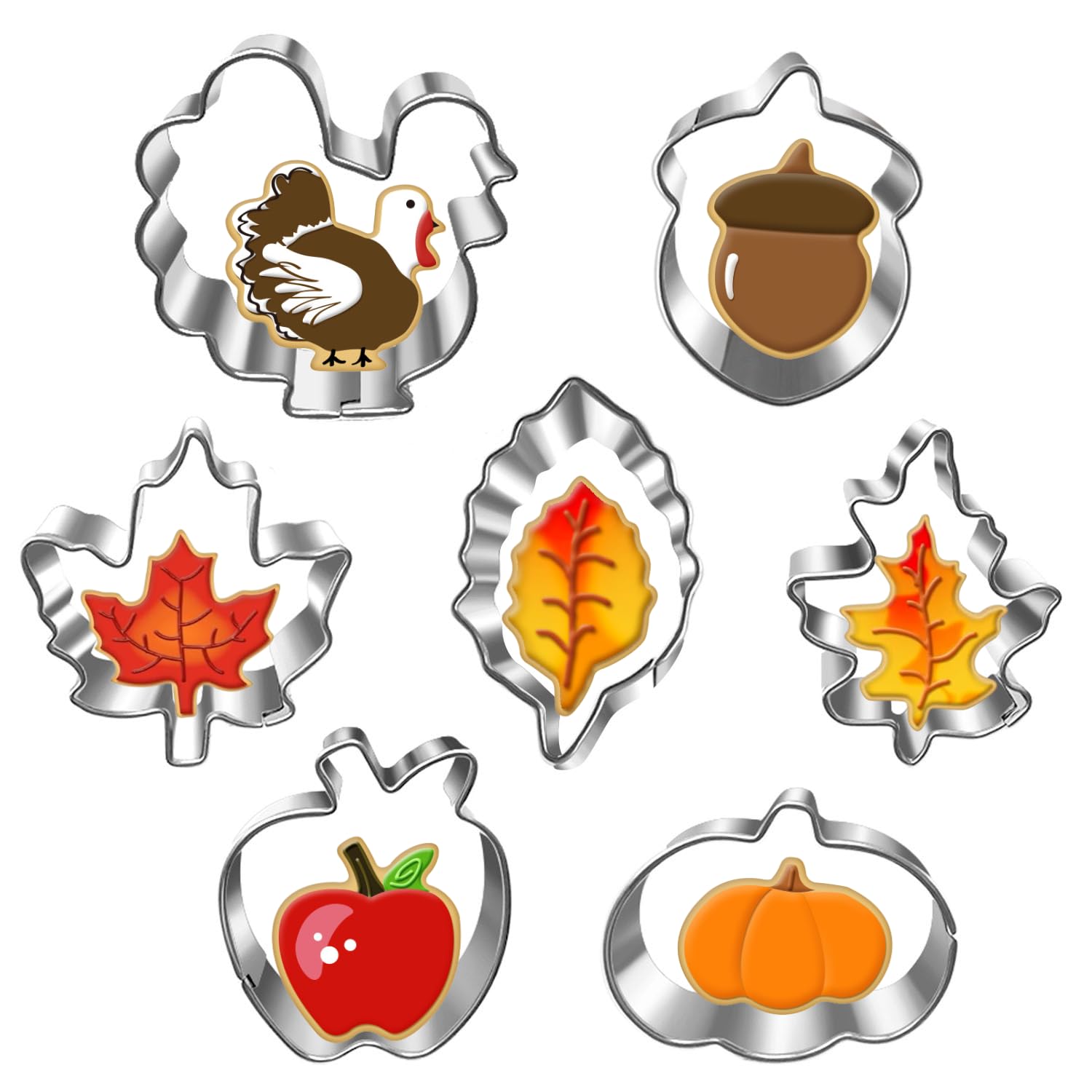 Auktosmn Mini Autumn Cookie Cutter Set-7 Piece-2.0 Inch-Diswasher Safe-Autumn Leaf, Apple, Pumkin, Acorn, Maple, Turkey-Mini Bak