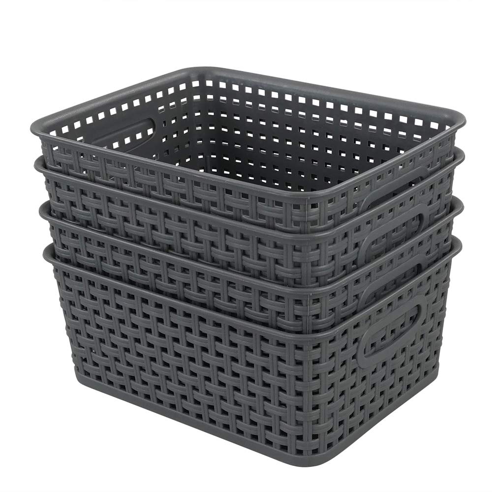 Nicesh 4-Pack Gray Plastic Small Storage Baskets, 10'' X 7.7'' X 4''