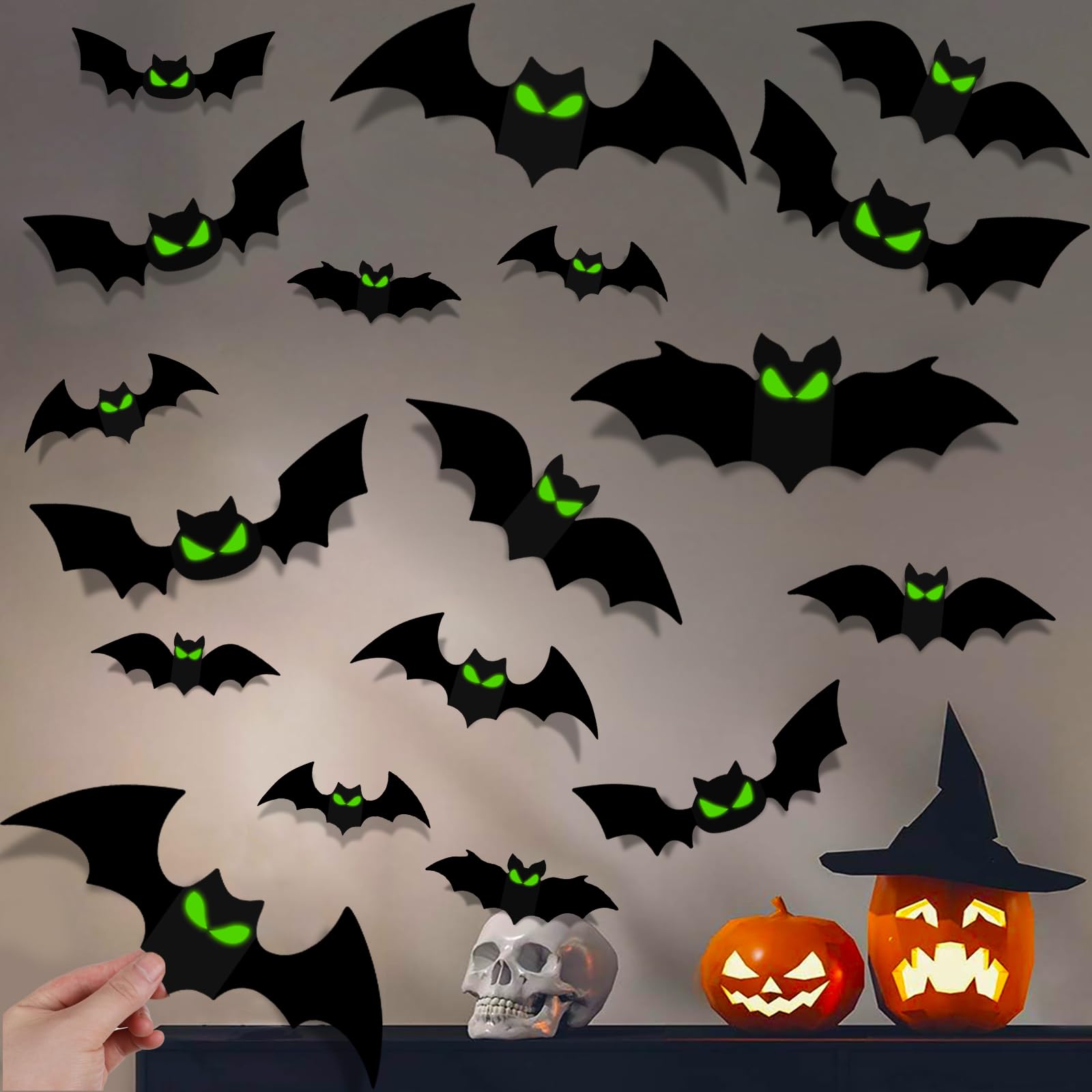 Diyasy 144 Pcs Bats Wall Decor, Glow In The Dark Bats 3D Bat Cutouts Halloween Decorations Light Up Eyes Paper Bats Stickers Bla