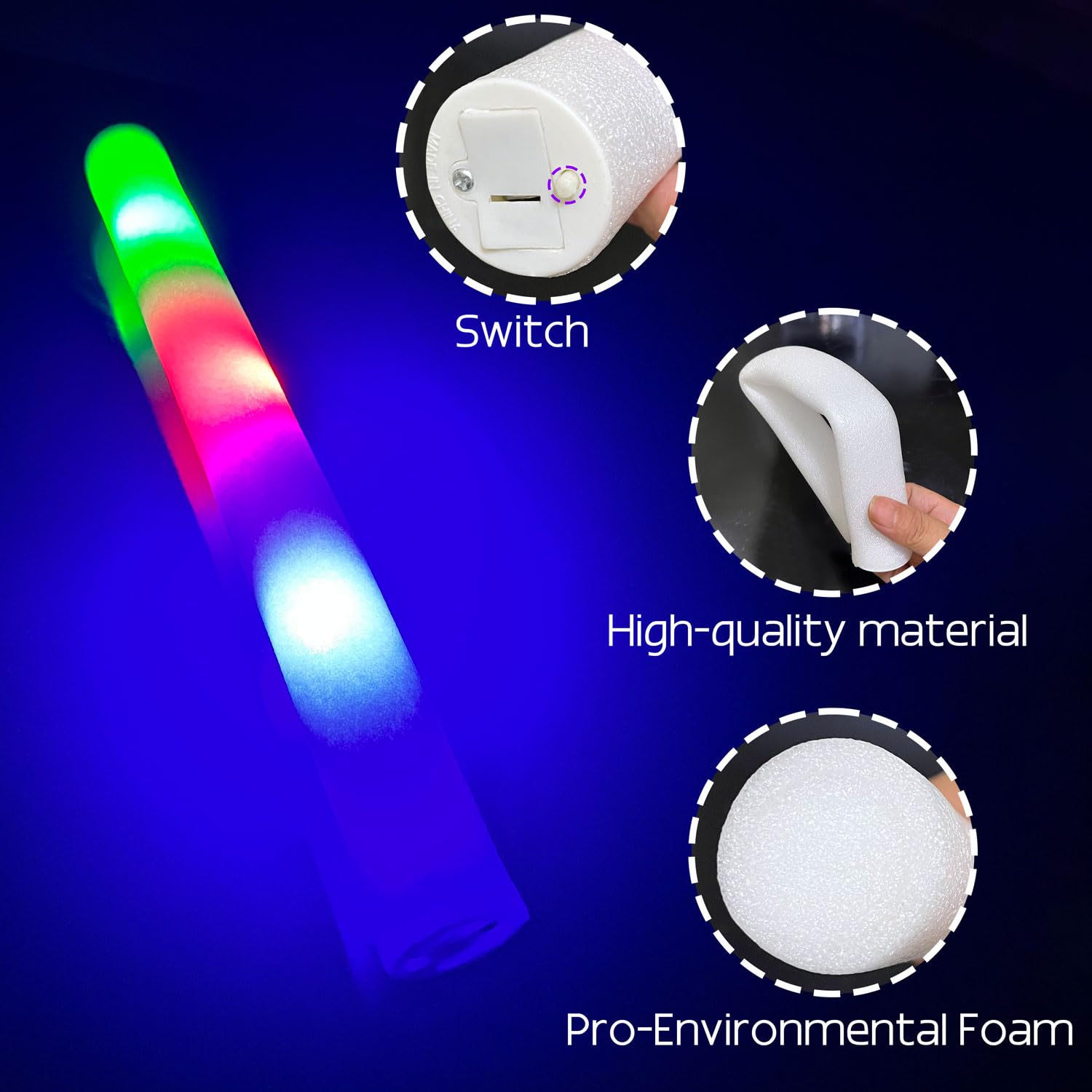 KitchenGenie 68 Pack LED Foam glow sticks, glow sticks for wedding with 3 Modes Colorful Flashing, Glow Stick Bulk Party Pack fo