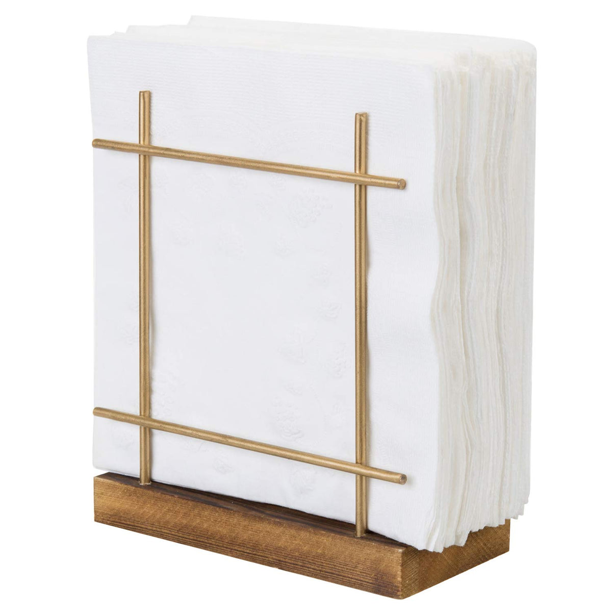 Mygift Contemporary Brass-Tone Wire Metal Upright Napkin Holder With Rustic Burnt Brown Wood Base, Decorative Kitchen Table Dini