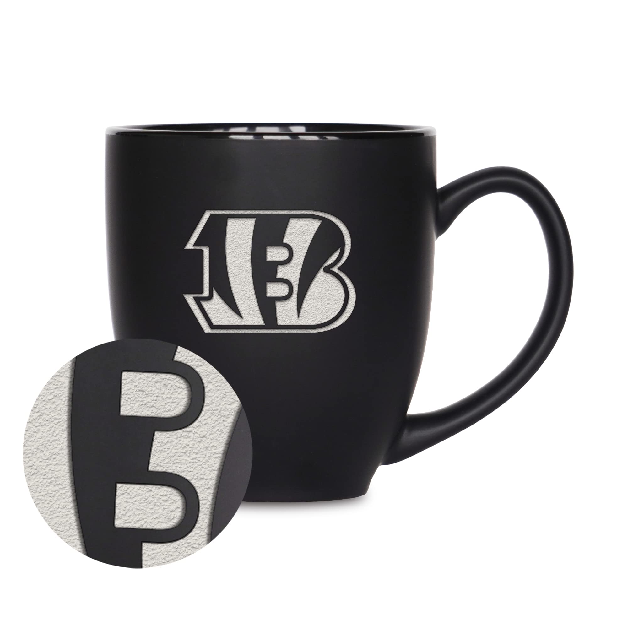 Rico Industries NFL Football Cincinnati Bengals Main 15oz Laser Engraved Matte Black Ceramic Bistro Mug - For Hot or Cold Drinks