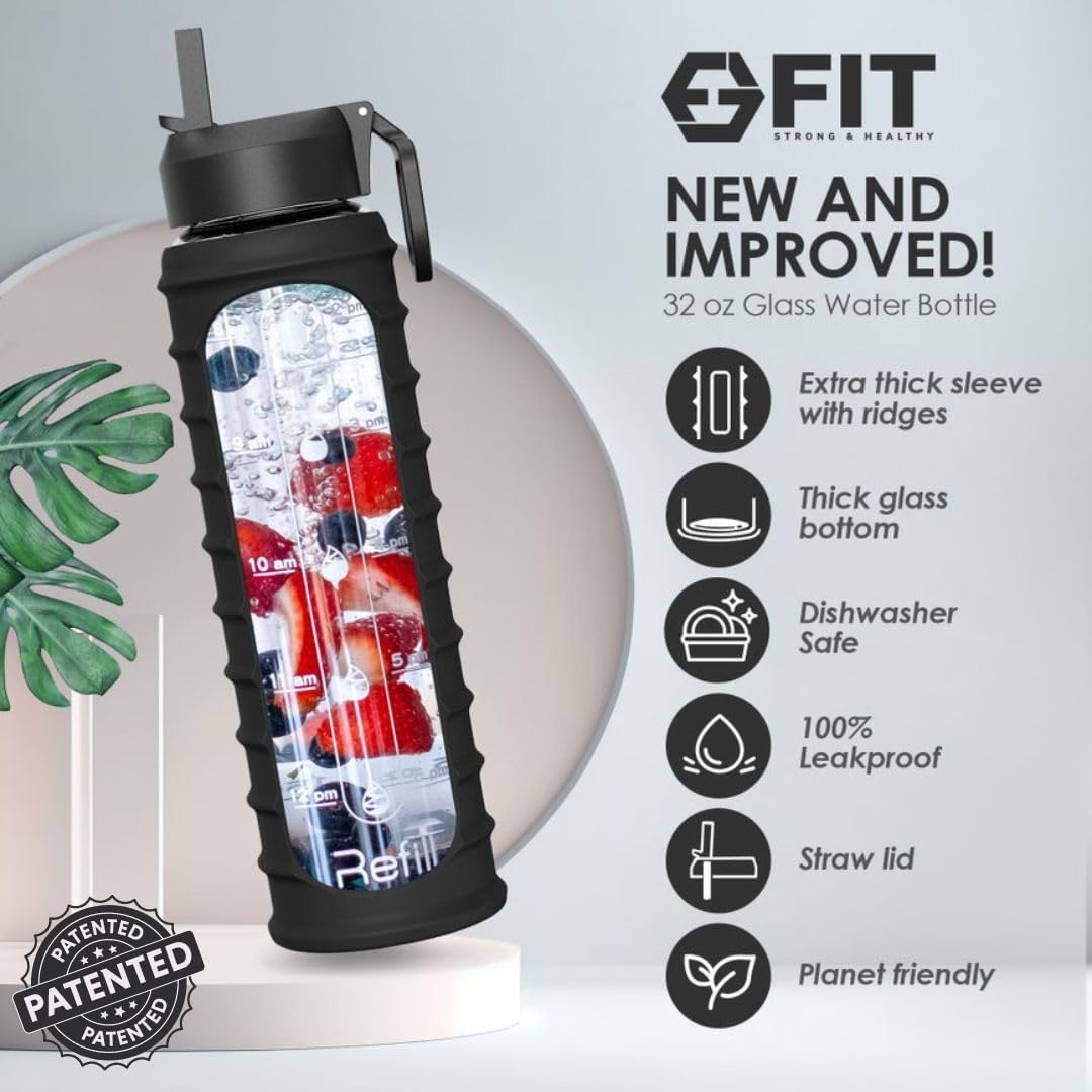 32 Oz Glass Water Bottle With Straw Lid, Time Marker, Sleeve & Extra Lid - Motivational, Wide Mouth, Large Bpa-Free 1 Liter Glas