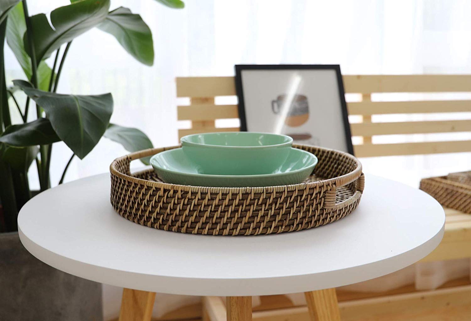 16.9 Inch Rattan Tray, Round Wicker Tray With Cut-Out Handles, Woven Serving Tray For Dining/Coffee Table