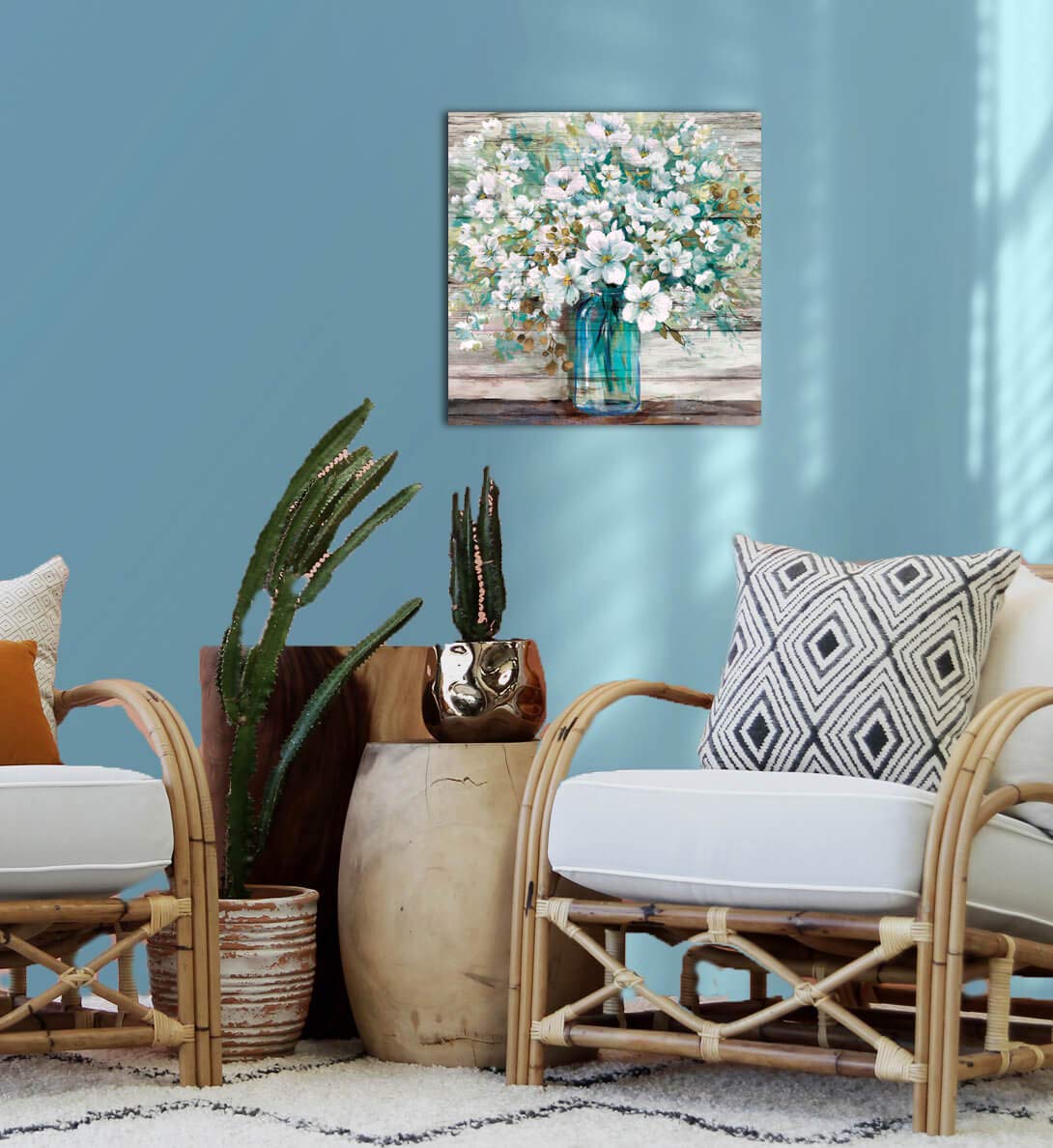 3Ldecor Country Style Canvas Wall Art Teal Blue Mason Bottle White Flower Rustic Wall Decor Art Hanging In The Bedroom Bathroom
