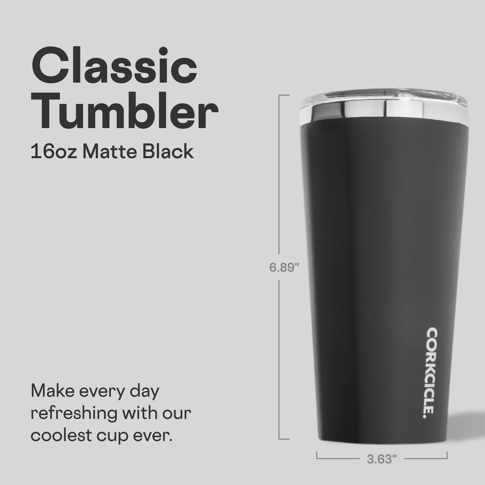 Corkcicle Travel Tumbler 16 oz - Insulated Stainless Steel Water Bottle, Matte Black, Spill Proof for Wine, Coffee, Tea