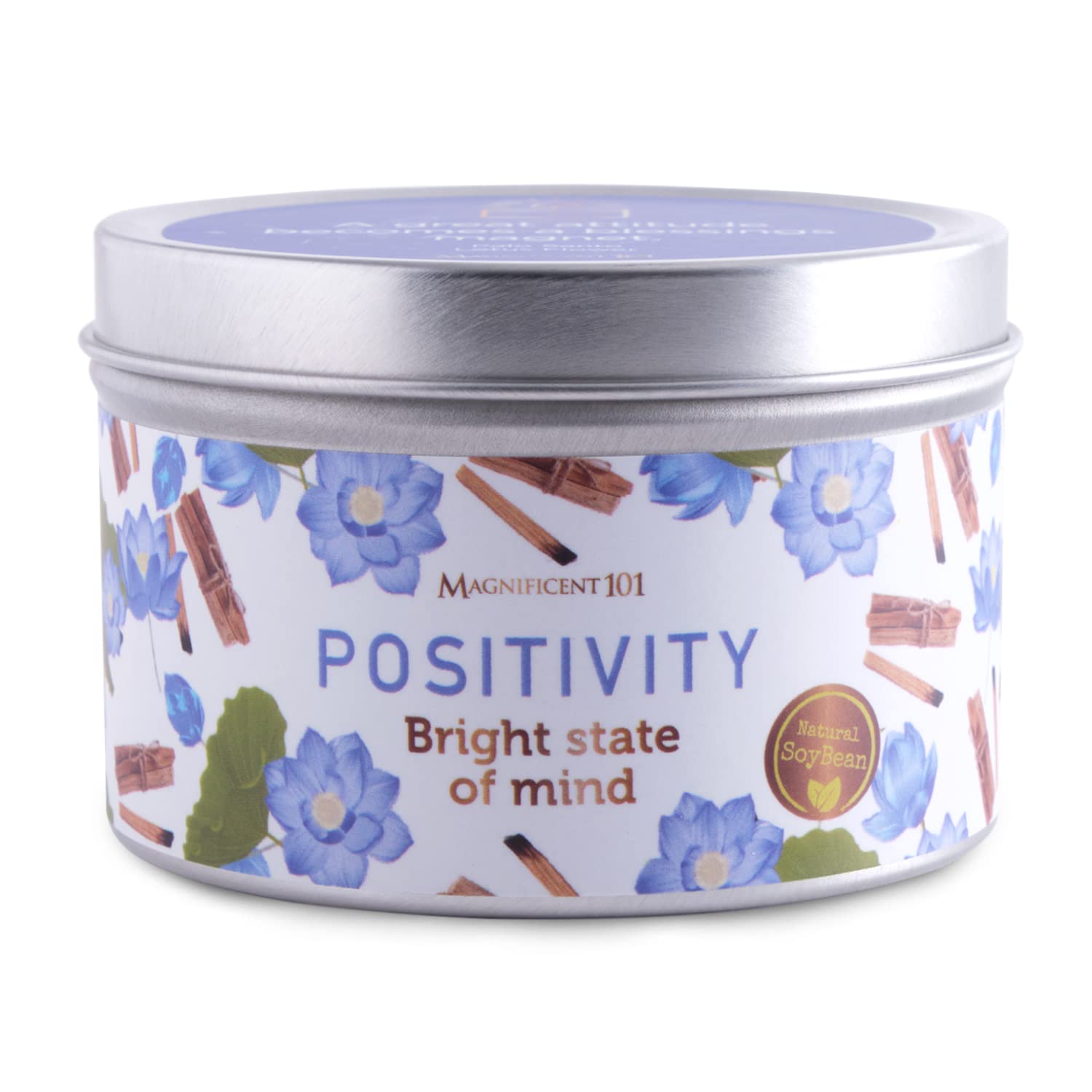 Magnificent 101 Positivity Aromatherapy Candle in 6-oz. Tin Holder: 100% Natural Soy Wax with Palo Santo & Lotus Flower Essentia