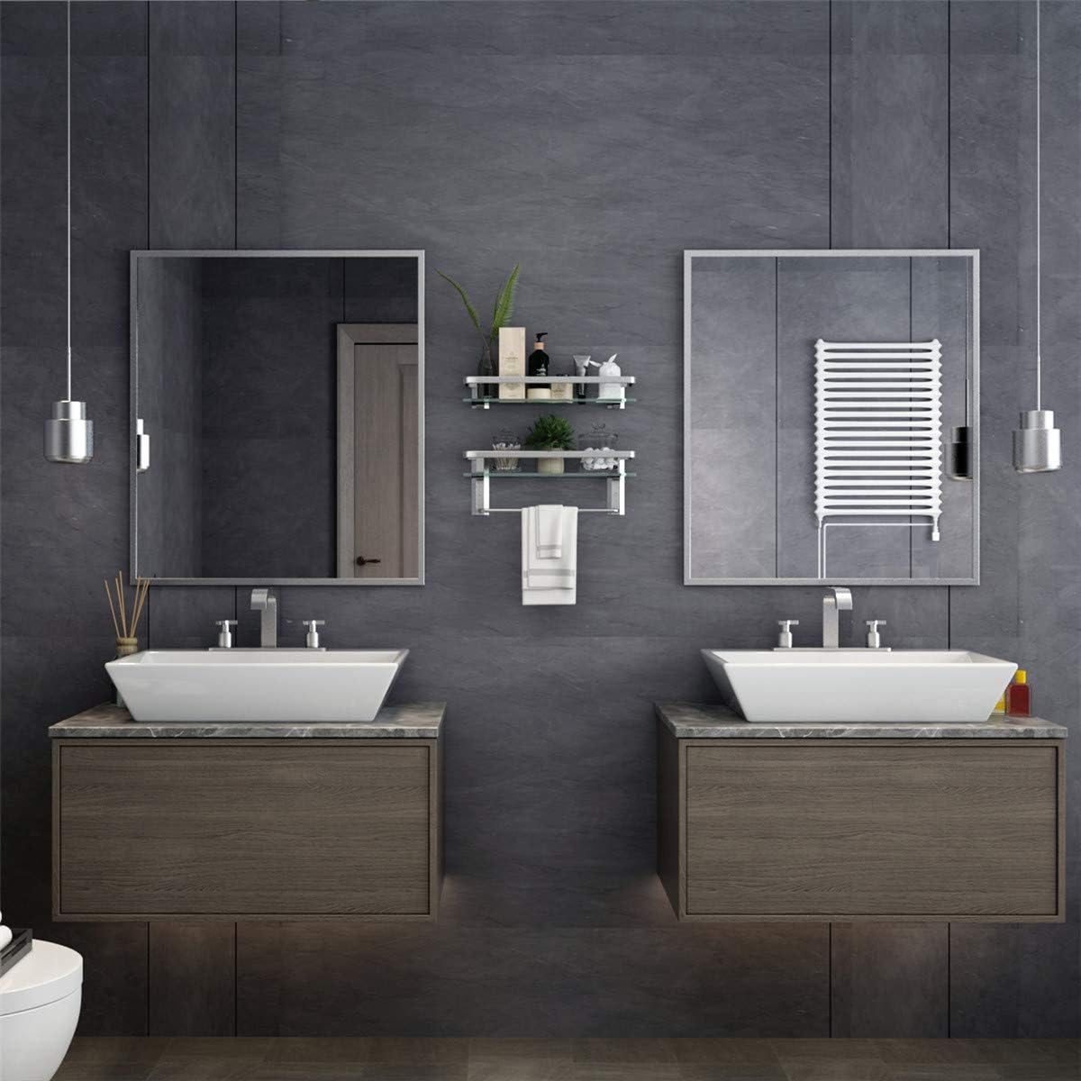 VOLPONE Glass Bathroom Shelf 15.7in Bathroom Shelf Wall Mounted Floating Glass Shelves with Towel Holder Glass Shower Shelf 2 Tier (Sliver)