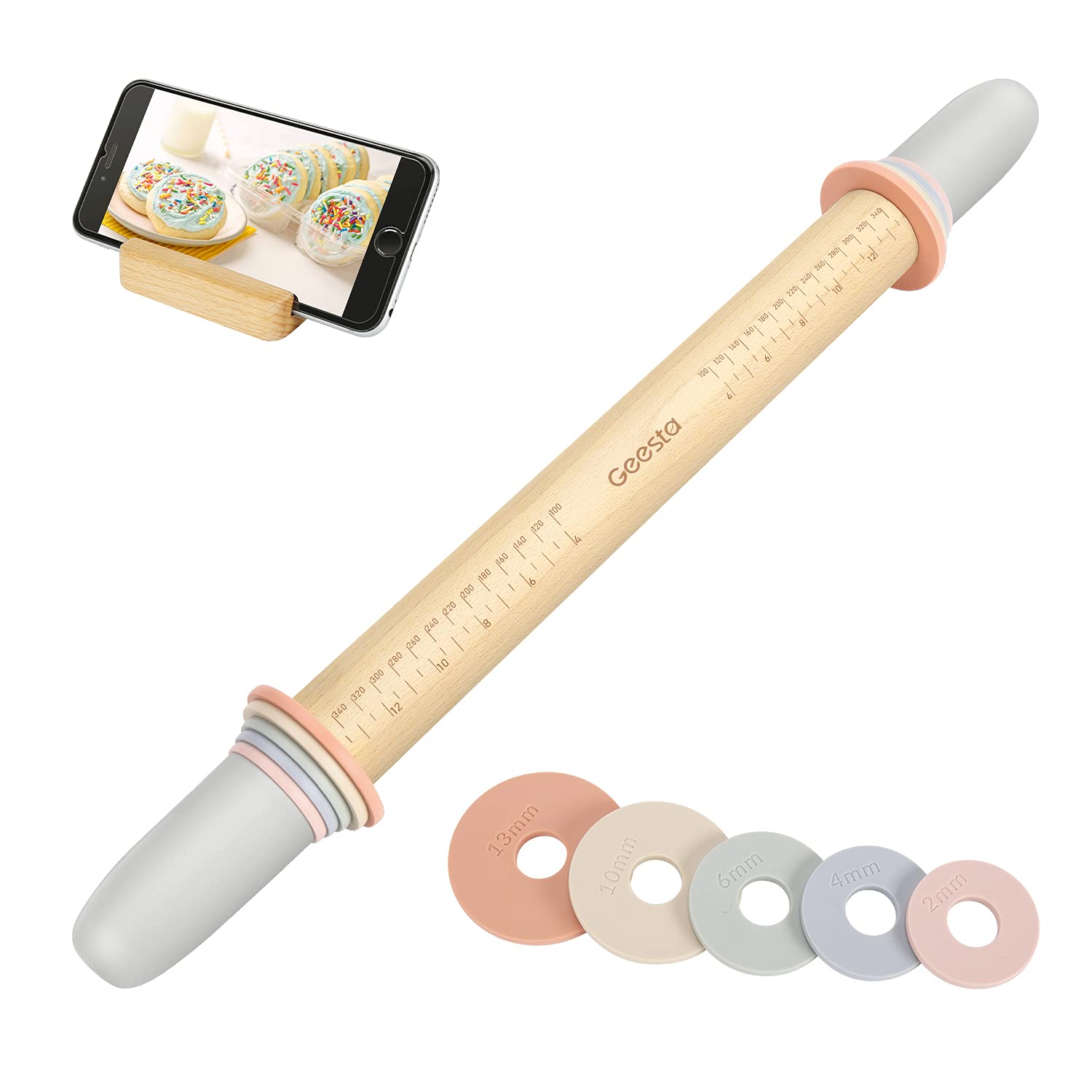 Geesta Adjustable Wood Rolling Pin With 5 Thickness Rings, Precise Dough Roller Handle Press Design With Measurement Guide For F