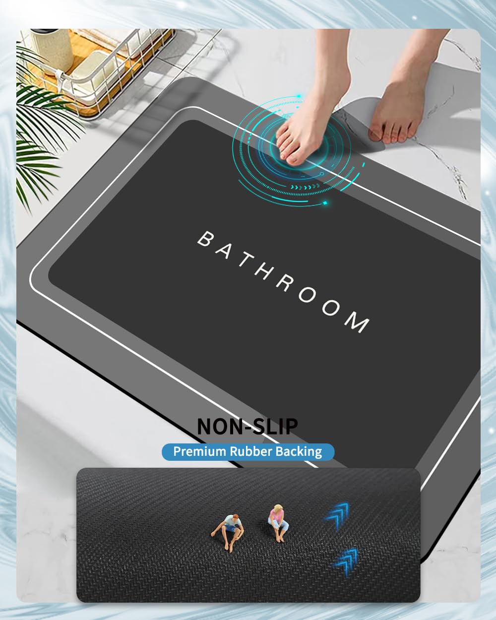 Deparnit Rubber Non-Slip Quick Dry Bathroom Rugs Super Absorbent Thin Bath Mat Fit Under Door, Fashion Washable Rectangle Bathro