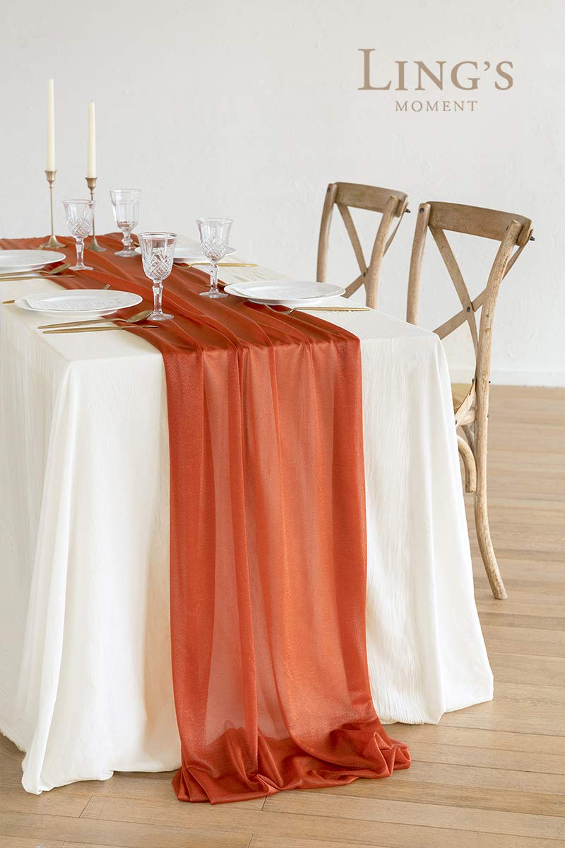 Ling'S Moment 14Ft Terracotta Sheer Chiffon Like Table Runner With Silver Sparkle Rust Tablecloth For Wedding Rustic Boho Party