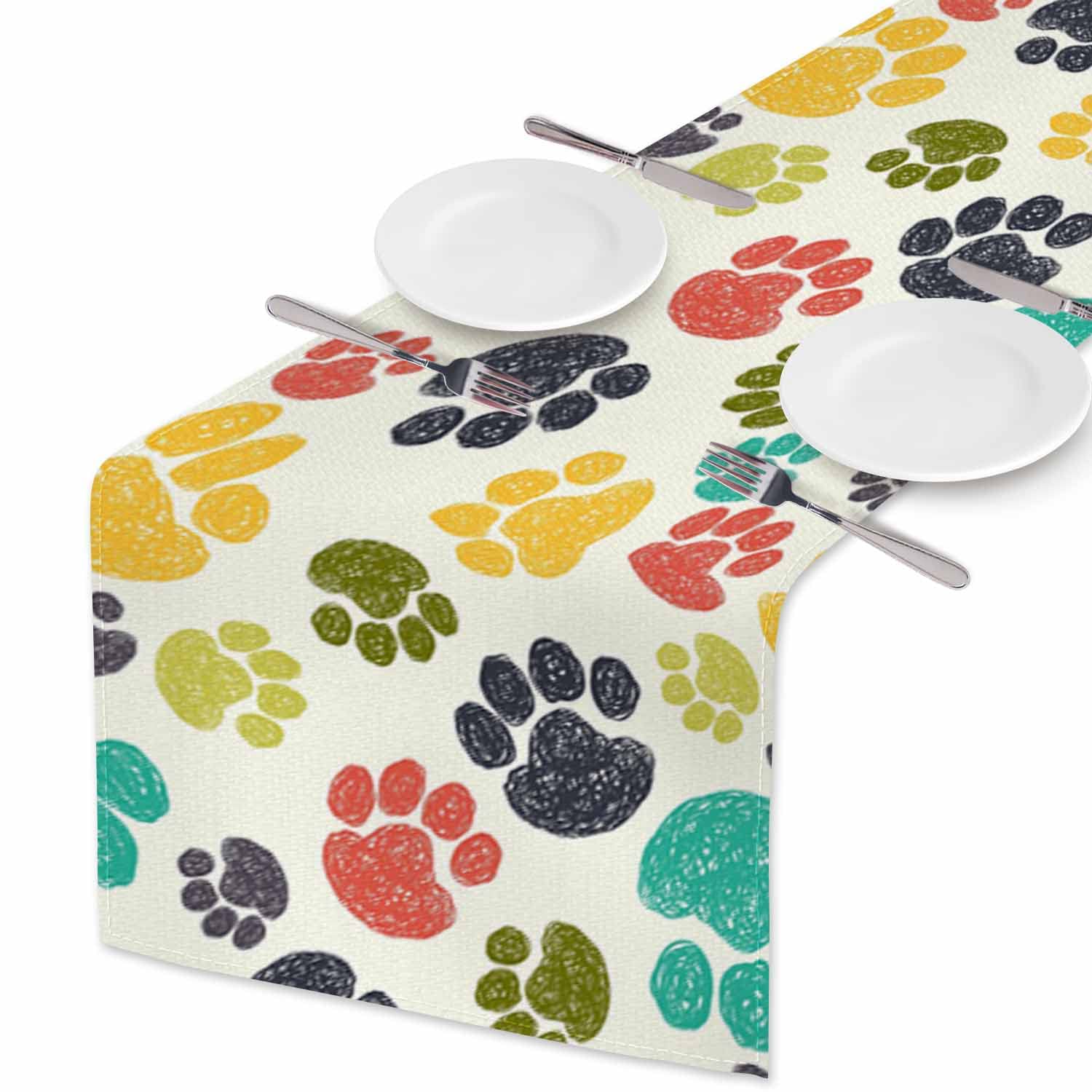 Hosnye Table Runner Colorful Paw Hand Drawn Doodle,Cotton Linen Table Runner Decoration For Kitchen Family Dinner Table Holiday