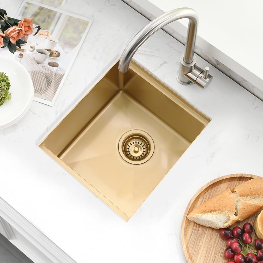 Boomhoze Gold Bar Sink Undermount, 12 X 15 Inch Undermount Bar Sink Workstation Small Kitchen Sink Brushed Gold Wet Bar Sink 16