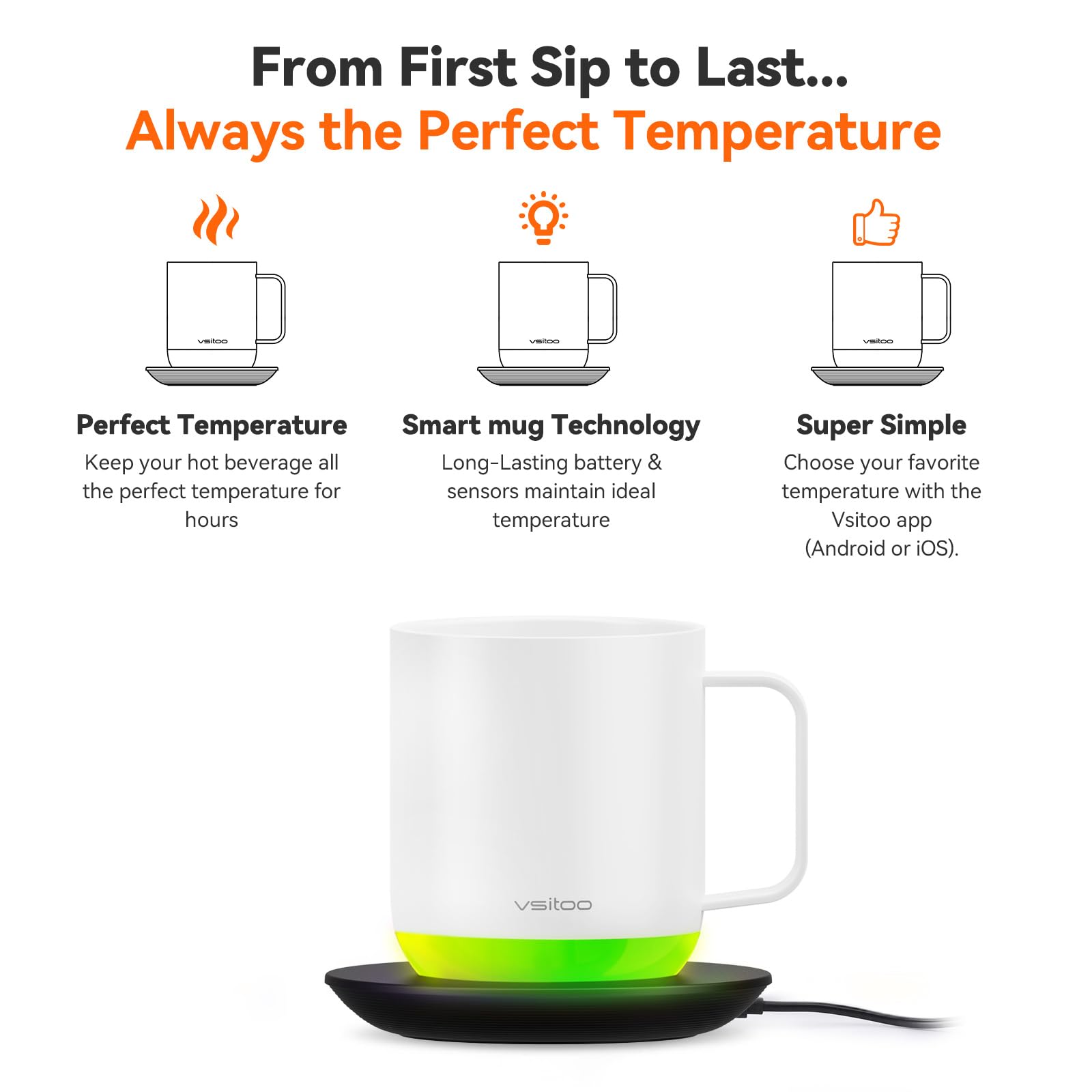 Vsitoo S6 Plus Smart Mug,Self Heating,Emperature Control Heated Coffee Mug App Controlled Smart Rgb Lightsync Warmer Mug (White)