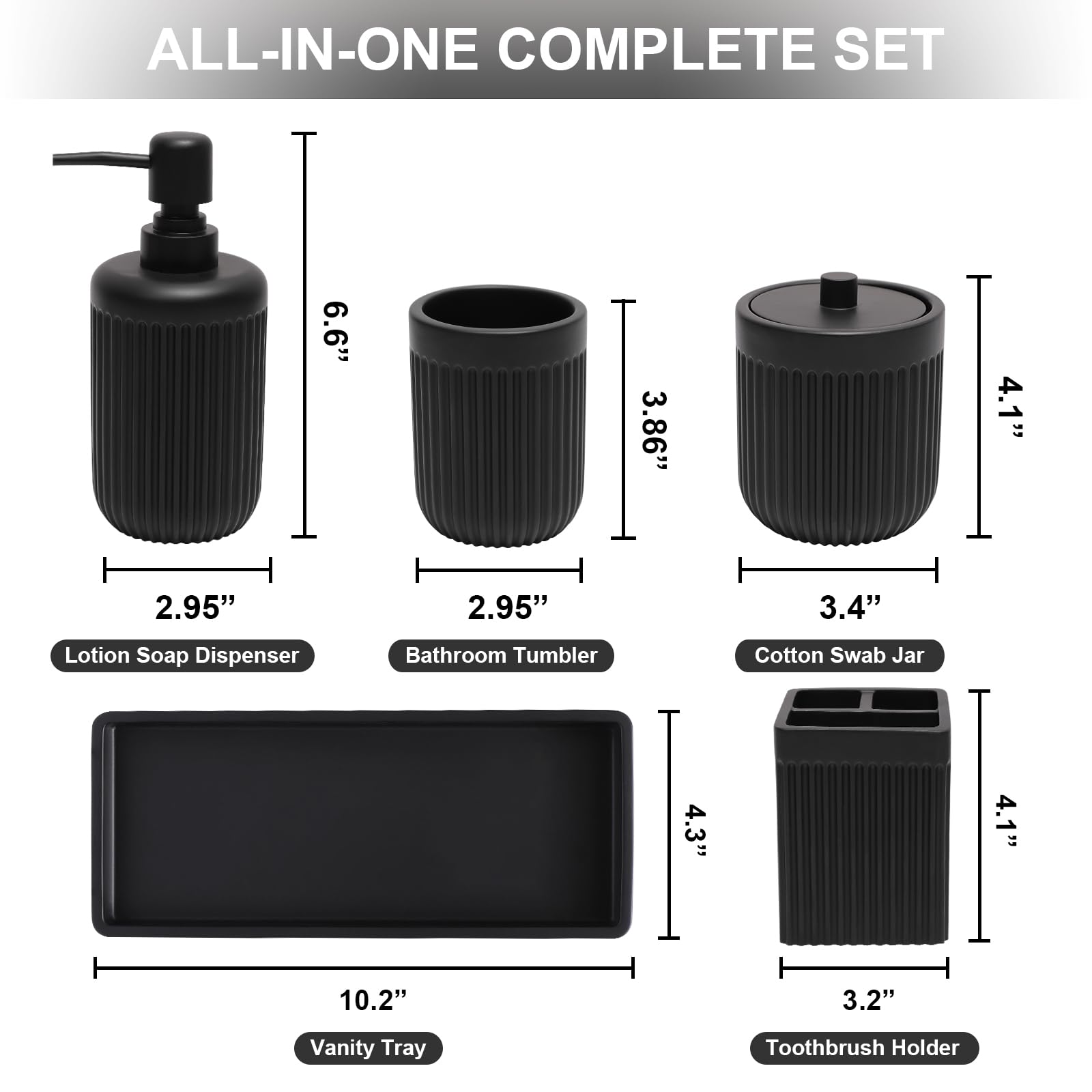 Resin Matte Black Bathroom Accessories Set 5 Pcs, Lotion Soap Dispenser, Toothbrush Holder, Bathroom Tumbler, Qtip Holder And Va