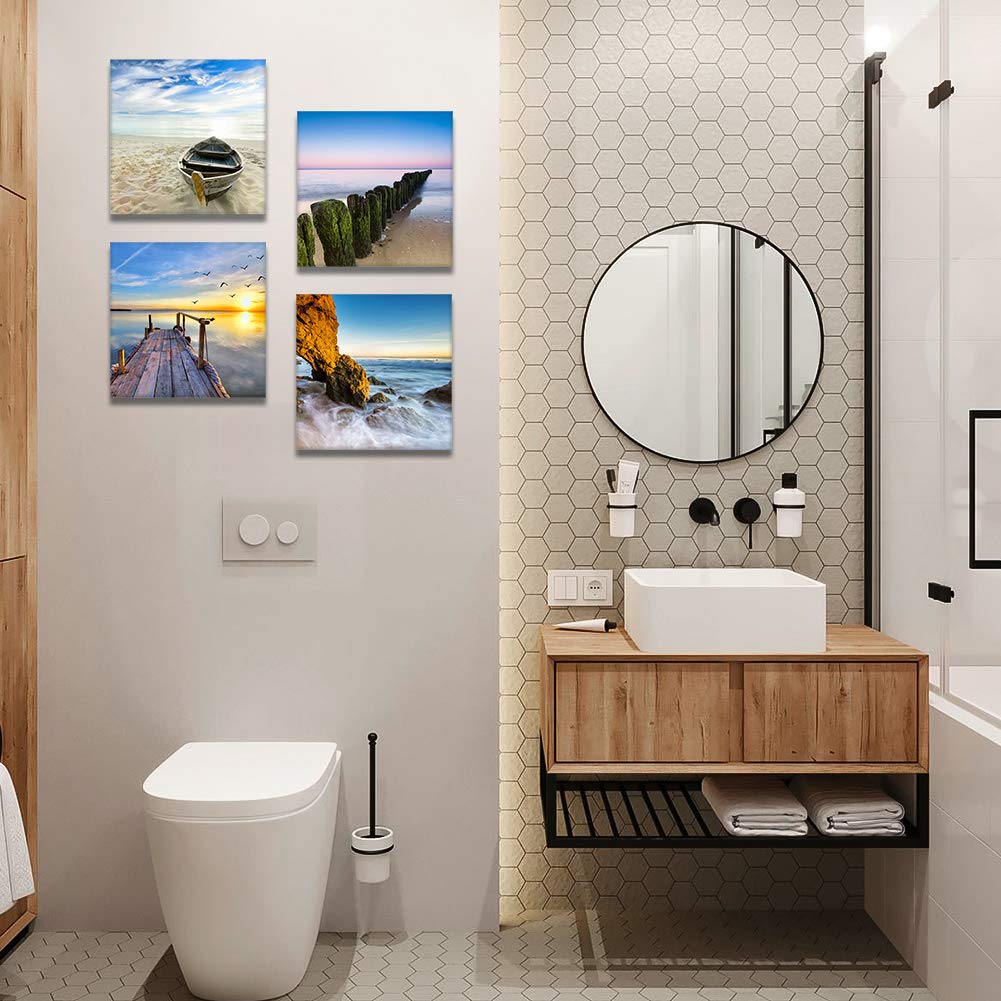 Artscope 4 Pieces Canvas Prints Wall Art - Wooden Boats, Stakes And Piers On The Beach Picture Painting- Modern Wall Artwork Fra