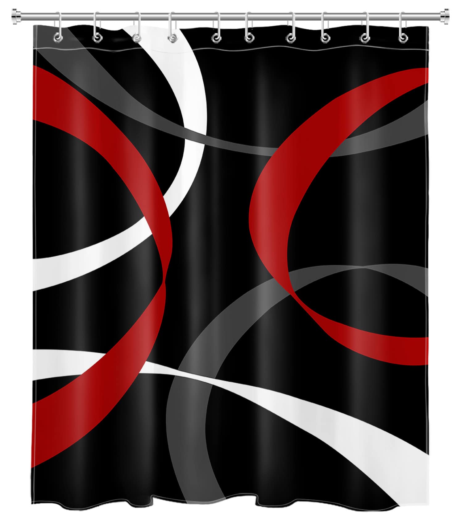 Lb Abstract Geometric Shower Curtain For Bathroom,Red Grey And White Striped On Black Background Fabric Shower Curtain With Hook