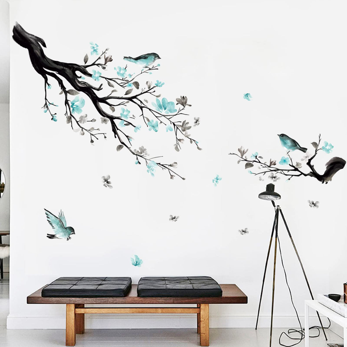 decalmile Watercolor Blue Flower Wall Decals Blossom Bird Tree Branch ...