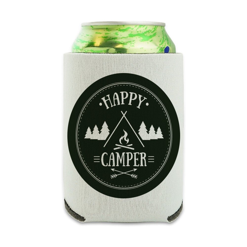 Happy Camper With Campfire Can Cooler - Drink Sleeve Hugger Collapsible Insulator - Beverage Insulated Holder