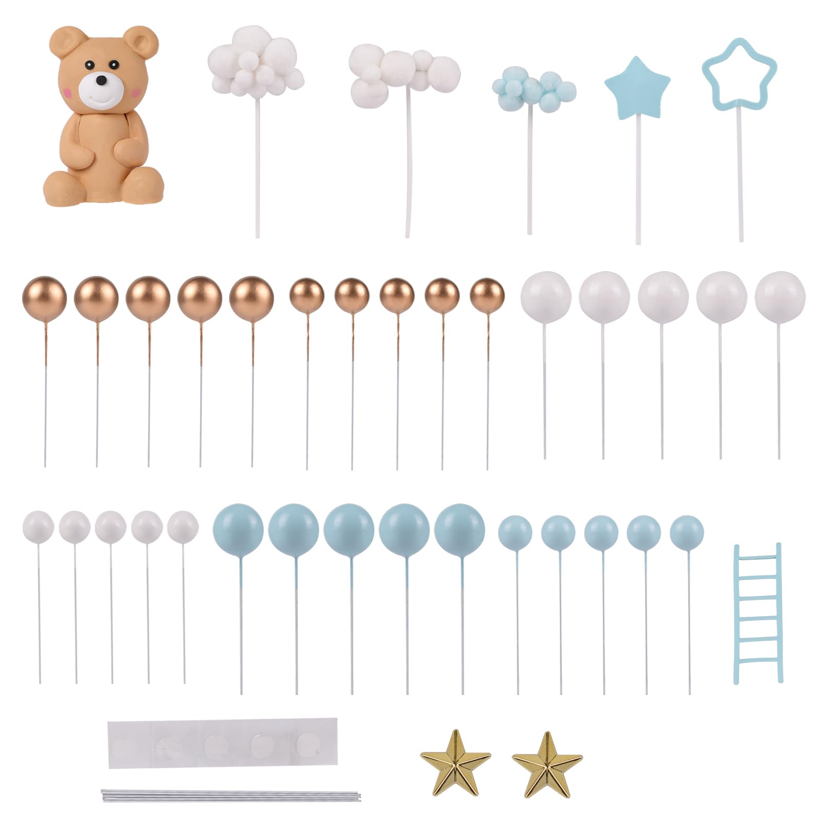 46 Pcs 3D Bear Balls Cake Toppers Brown Teddy Bear For Birthday Party Wedding Baby Shower Supplies(Blue)A