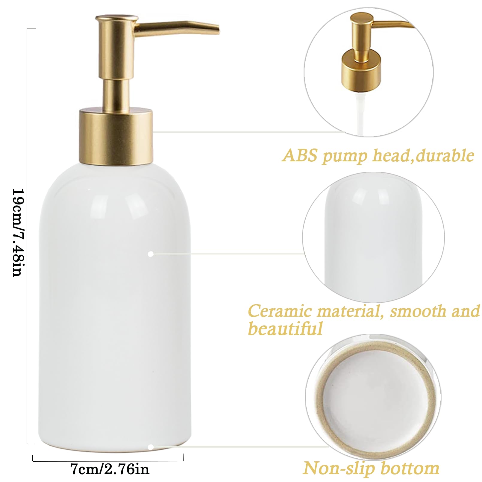 Ceramic Soap Dispenser White With Gold Pump,Simple Design Cylindrical Lotion Dispenser Bottle,Refillable Liquid Hand Soap Dispen