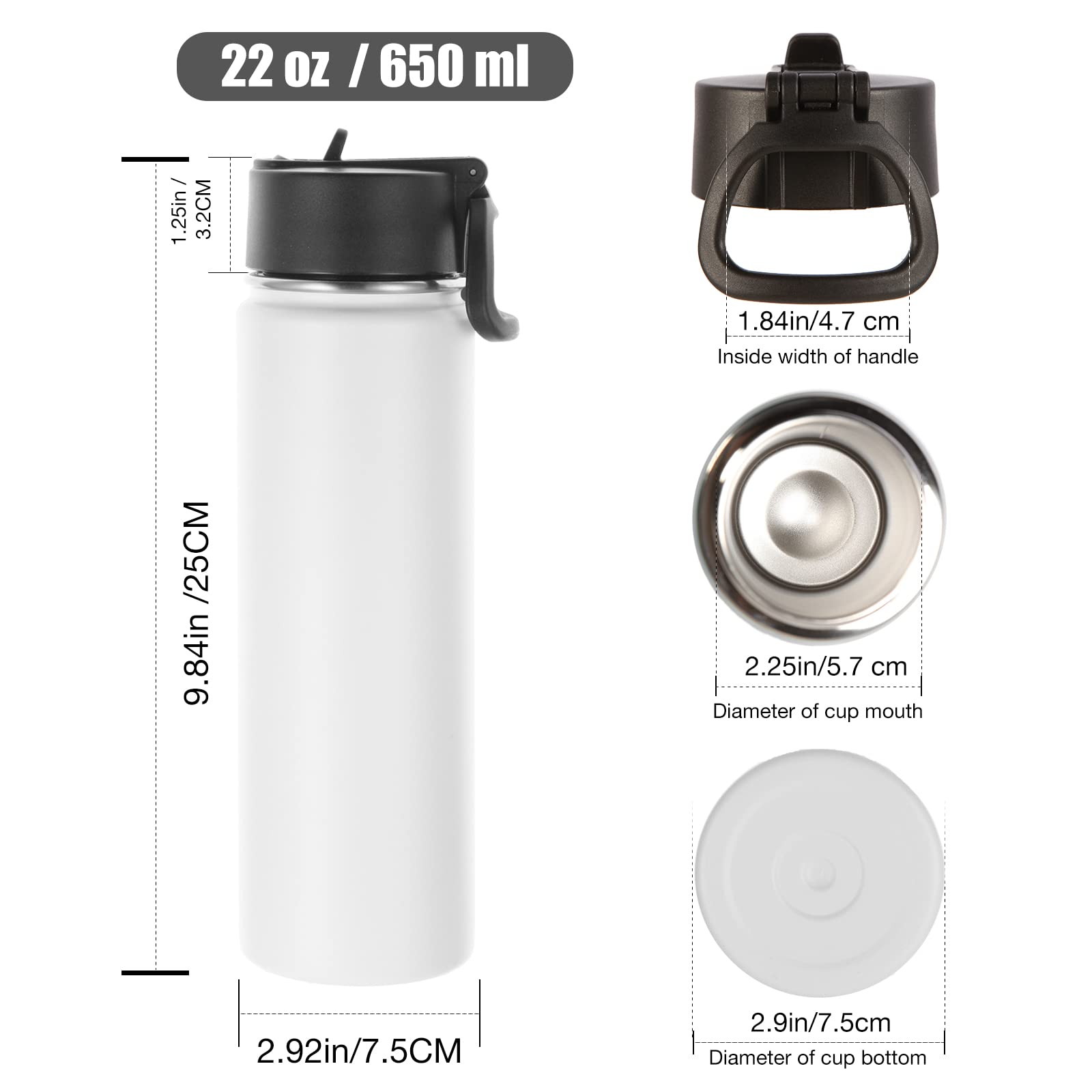 Volhoply Insulated Water Bottles with Straw Bulk 2 Pack  22 oz Stainless Steel Sports Bottle with Handle Lid Double Walled Vacuum Metal Water Thermos  Reusable Cold Water Flask for School(White 2 Set)