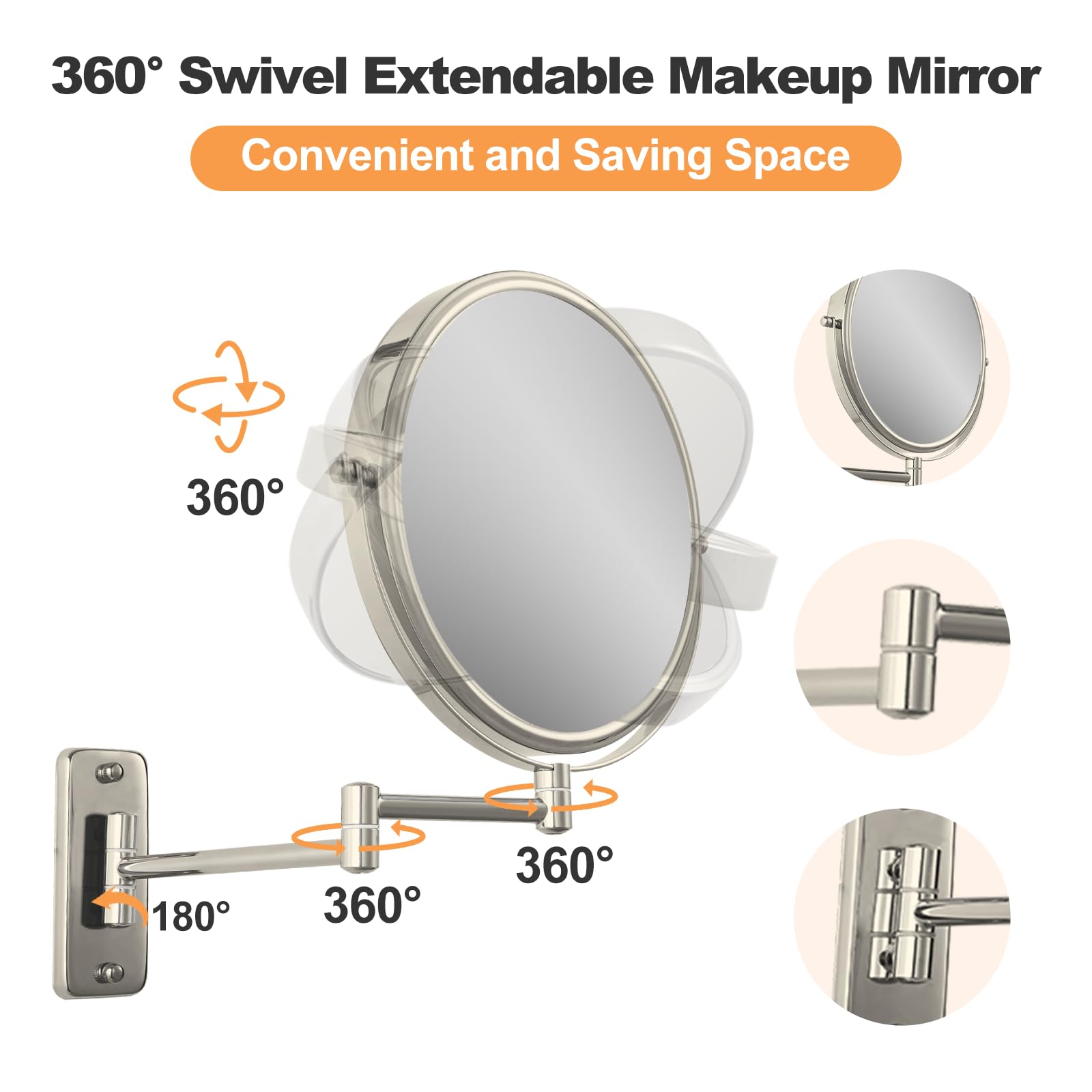 Ffowcye 8'' Wall Mounted Makeup Mirror, 1X/10X Wall Mount Magnifying Mirror With Double Sided Folding Extendable Arm 360 Rotatio