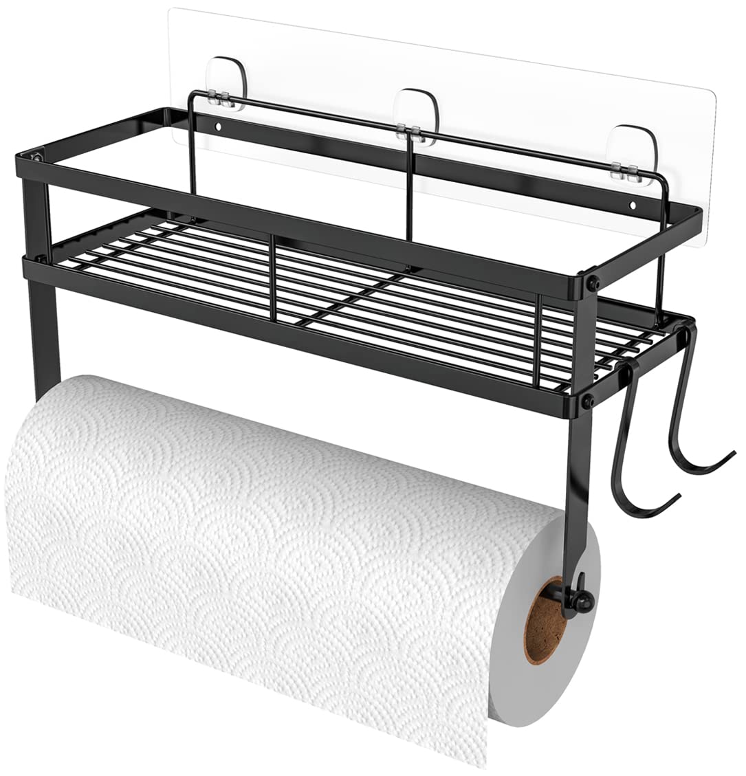 Esow Paper Towel Holder With Shelf Storage, Adhesive Wall Mount 2-In-1 Basket Organizer For Kitchen & Bathroom, Durable Metal Wi