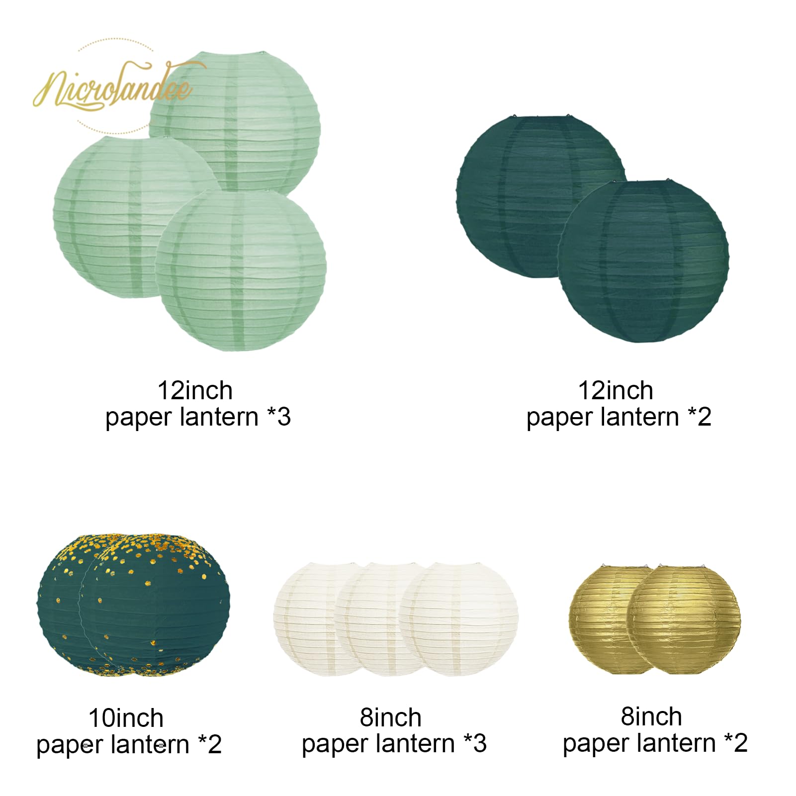 NICROLANDEE Wedding Party Decorations - 12Pcs Green Gold Hanging Paper Lanterns for Rustic Style Spring Decor Bridal Shower Baby Shower Birthday Eucalyptus Neutral Party Decor (Forest Green)