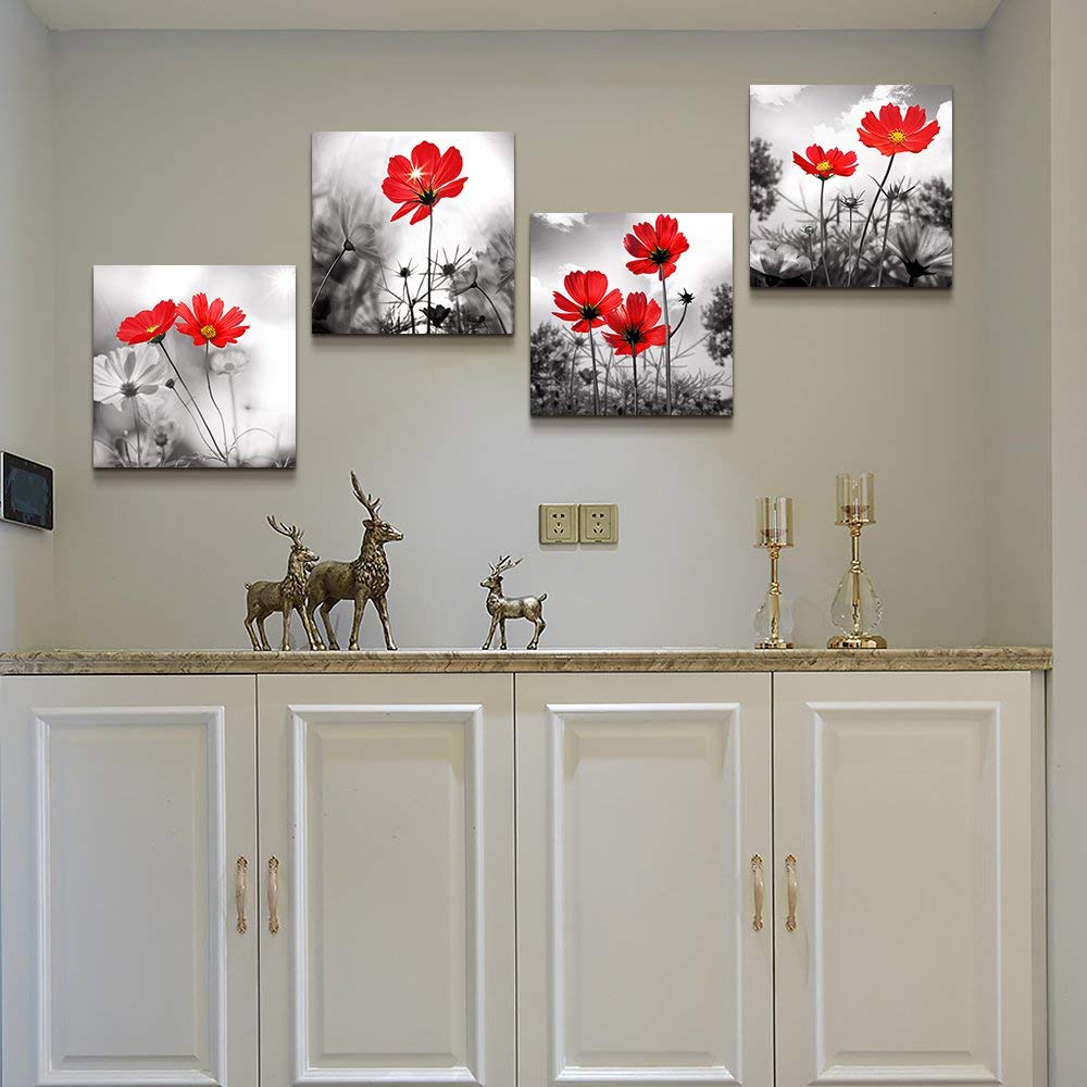 Wall Art 4Panel Modern Salon Theme Black And White Plant The Red Flower Flower Abstract Painting Still Life Canvas Wall Art For