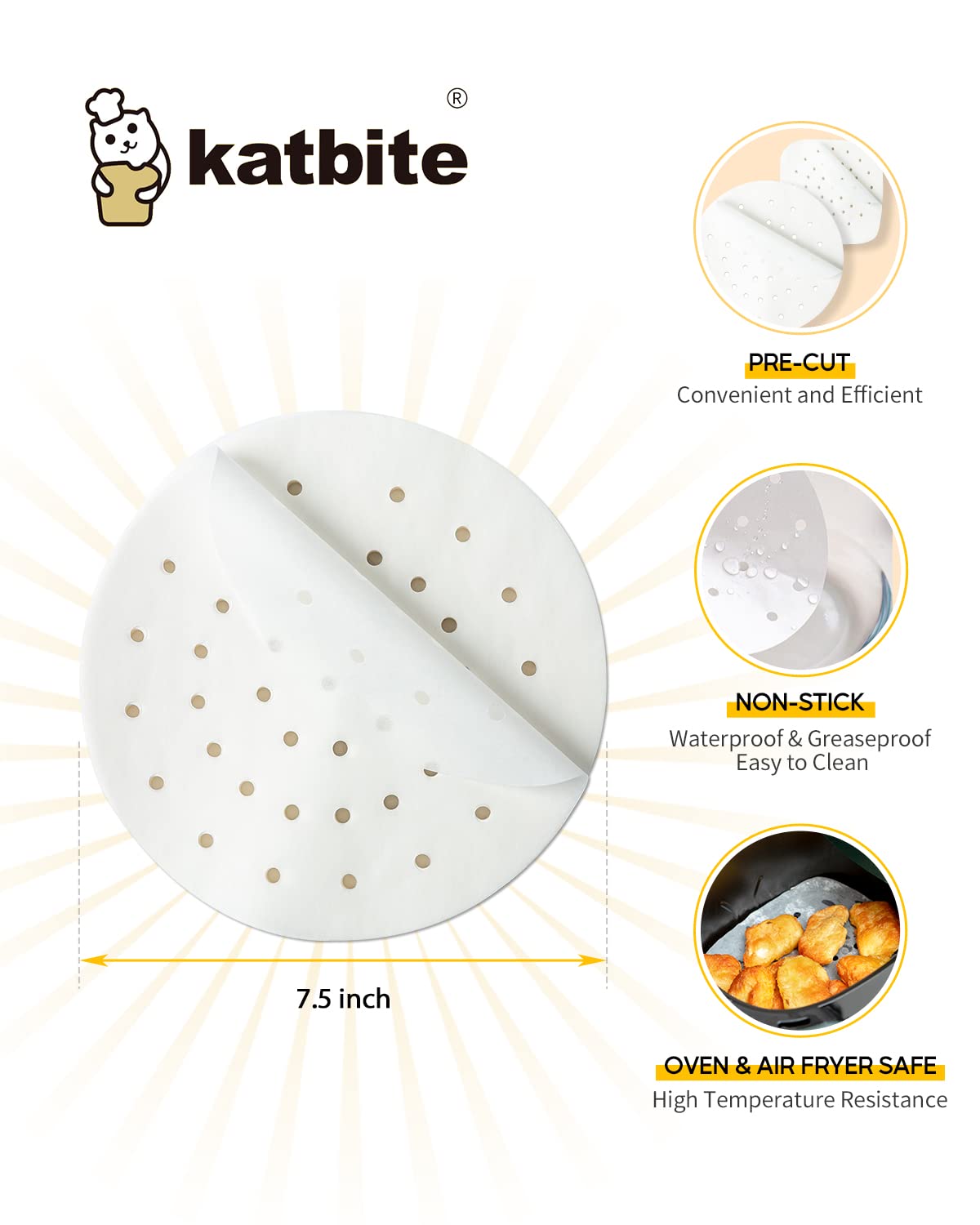 Katbite Air Fryer Parchment Paper Liners 120Pcs, 7.5 Inch Perforated Parchment Paper, Heavy Duty & Non-Stick Round Parchment Pap