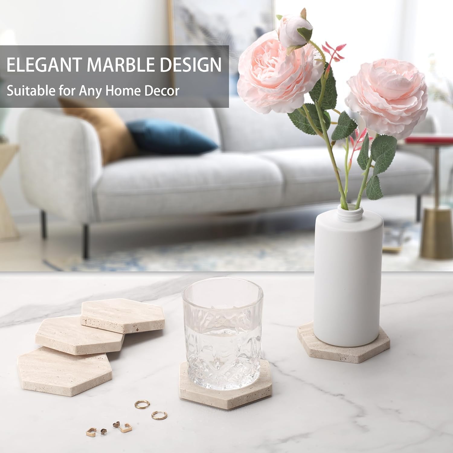Worhe Marble Coasters Hexagon Drink Coaster Set Of 5 Natural Travertine Stone Cup Mat For Coffee Table Protection Bar Decoration