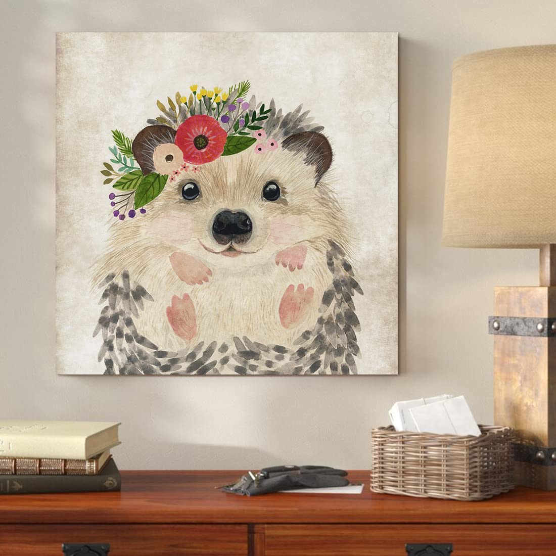 Oridomy Cute Hedgehog Print Wall Art Retro Animal Portrait Poster Funny Raccoon With Garland Picture Painting Safari Animal Art