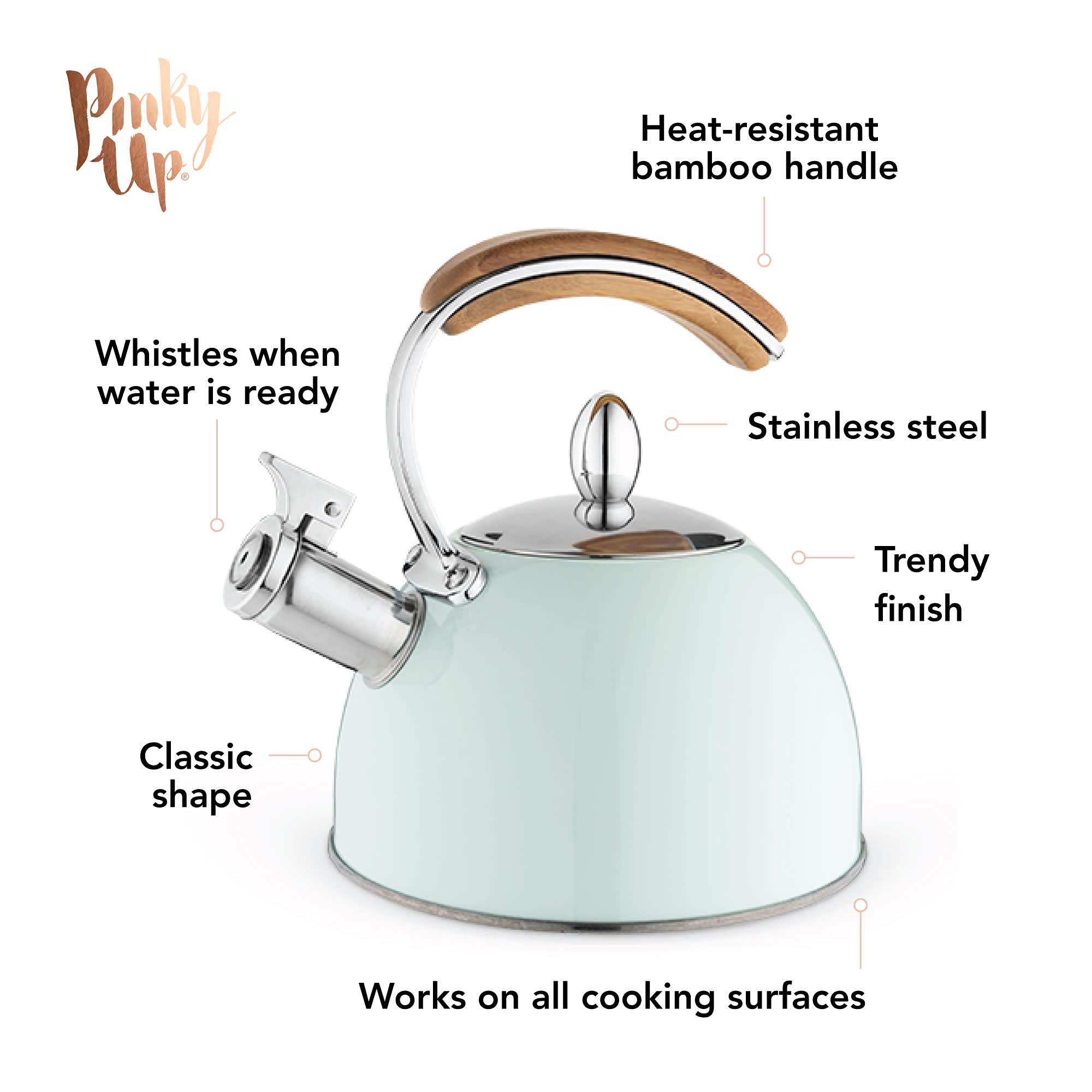 Pinky Up Presley Tea Kettle, Stovetop Stainless Steel Kettle, Whistling, Tea Accessory Gifts, Fast Boil Water Kettle, Wooden Han