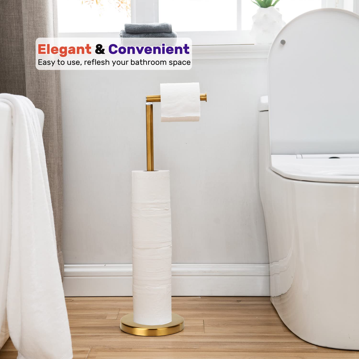Toilet Paper Holder Gold, Freestanding Toilet Paper Holder Stand With Reserve For 4 Spare Rolls, Sturdy Base, Toilet Tissue Pape