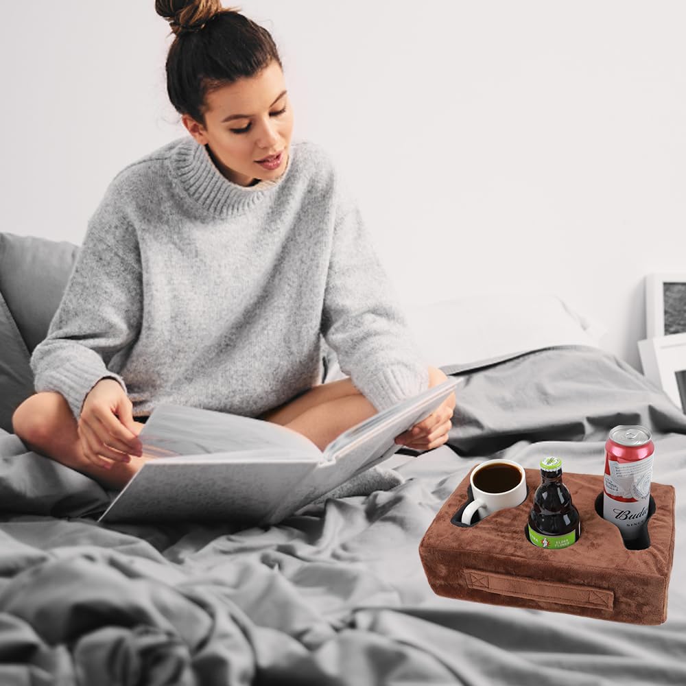 Sofa Cup Holder, Couch Cup Holder Pillow, Sofa Arm Table, Sofa And Bed Drink Caddy, Remotes Holder For Rv, Car, Beach(Brown)