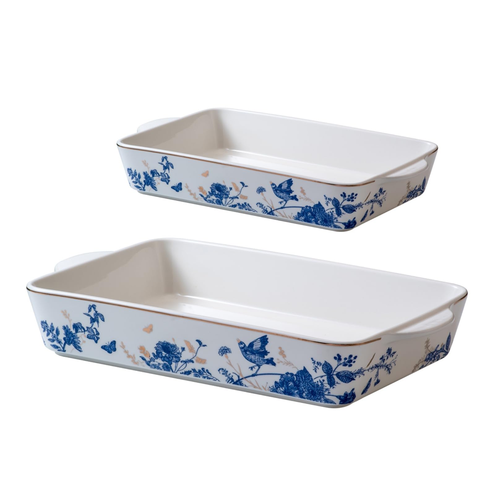 Baking Pans Set of 2 Blue flower 14 inch Ceramic for Oven Large Casserole Baking Dish Set with Handles Porcelain Bakeware Sets C